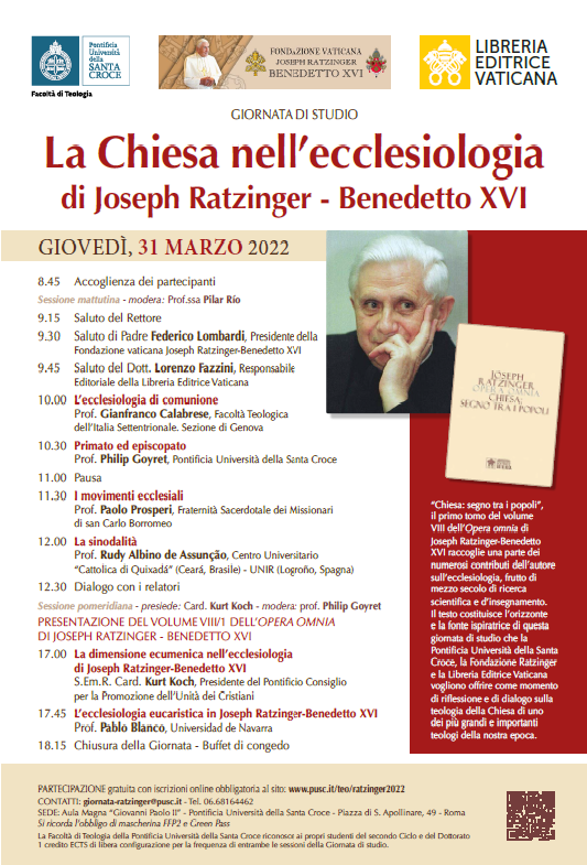 Il 31 marzo una Giornata di studio sull’ecclesiologia di Ratzinger alla Santa Croce